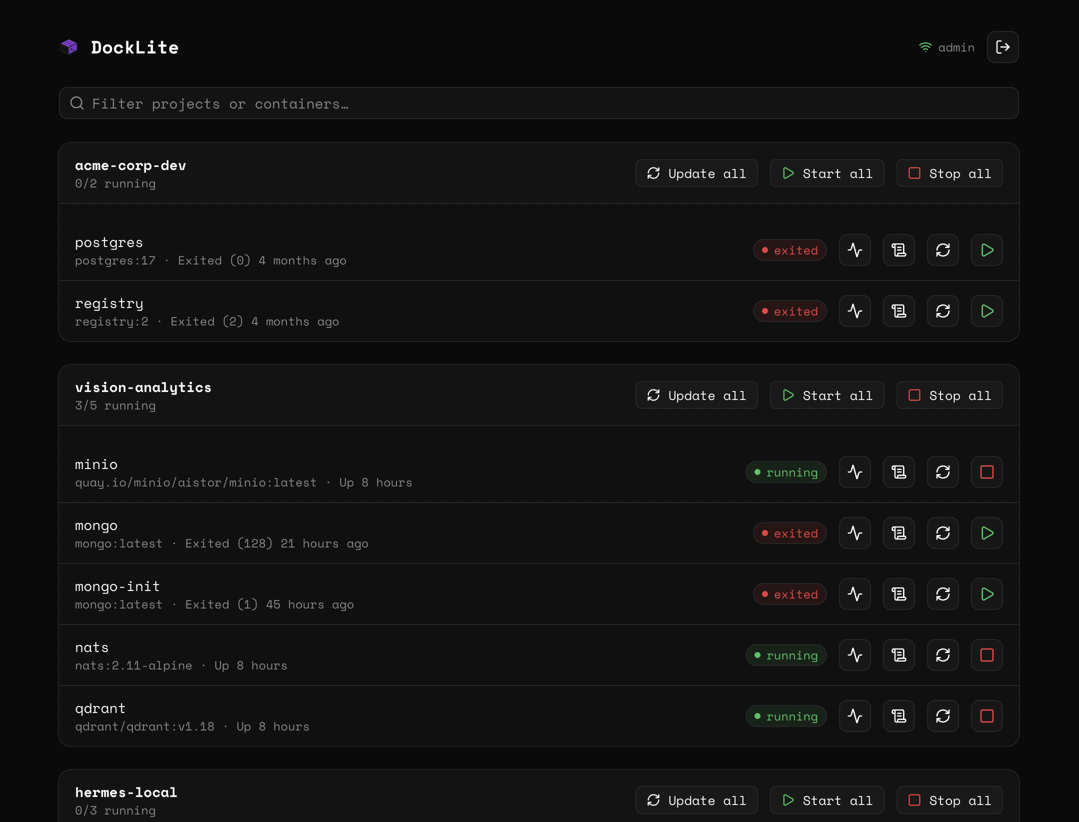 DockLite dashboard showing containers grouped by Compose project with running and exited status pills, live counts, and per-container actions